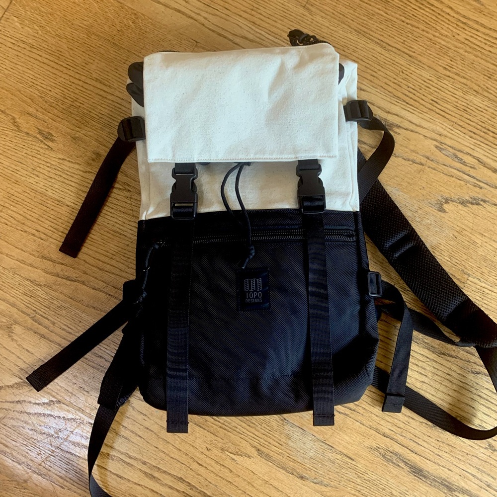 Topo Designs black cream canvas backpack